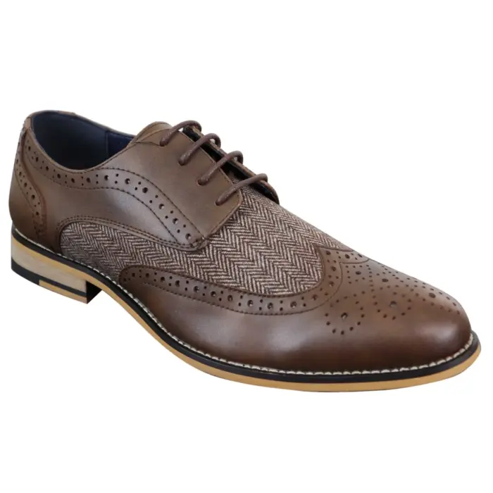 Mens Leather Tweed Herringbone Smart Casual Shoes Blinders Vintage Classic - Image 2