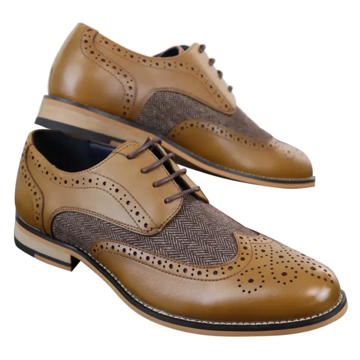 Mens Leather Tweed Herringbone Smart Casual Shoes Blinders Vintage Classic - Image 11
