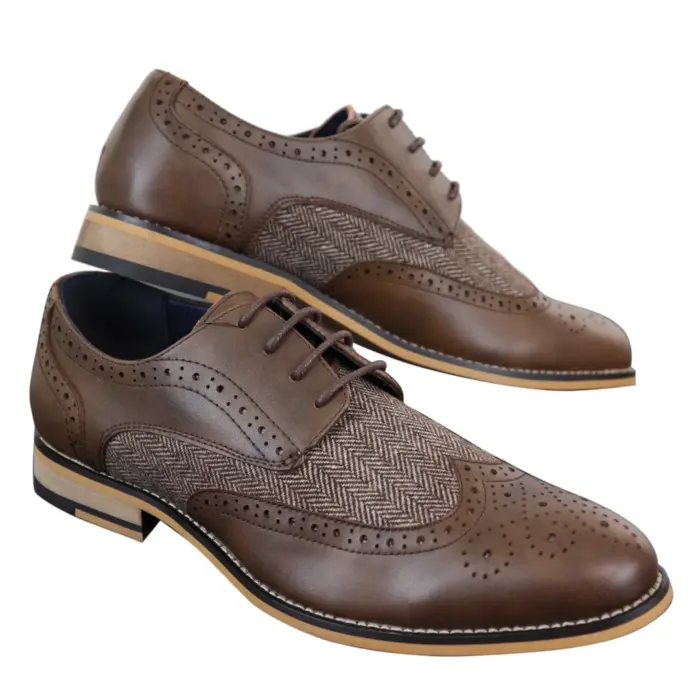 Mens Leather Tweed Herringbone Smart Casual Shoes Blinders Vintage Classic - Image 3