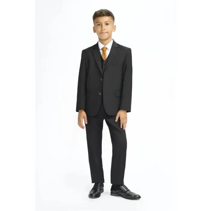 Boys Suit Black 3 Piece Tailored Fit Classic Formal Outfit - Image 2