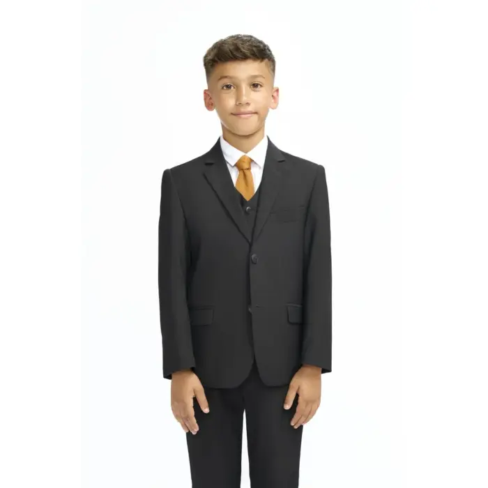 Boys Suit Black 3 Piece Tailored Fit Classic Formal Outfit - Image 1