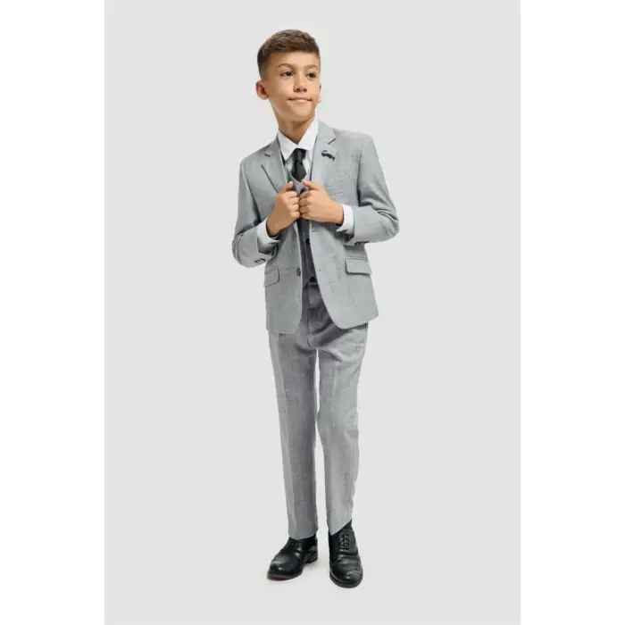 Boys Suit Grey 3 Piece Tailored Fit Classic Formal Outfit - Image 2