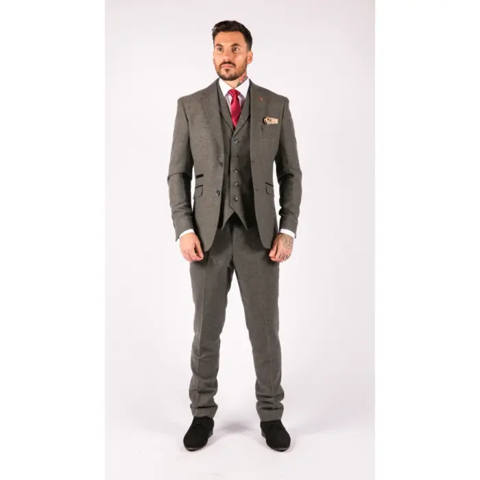 Mens 3 Piece Wool Suit Herringbone Tweed Dark Grey Formal Classic 1920s Wedding - Image 2