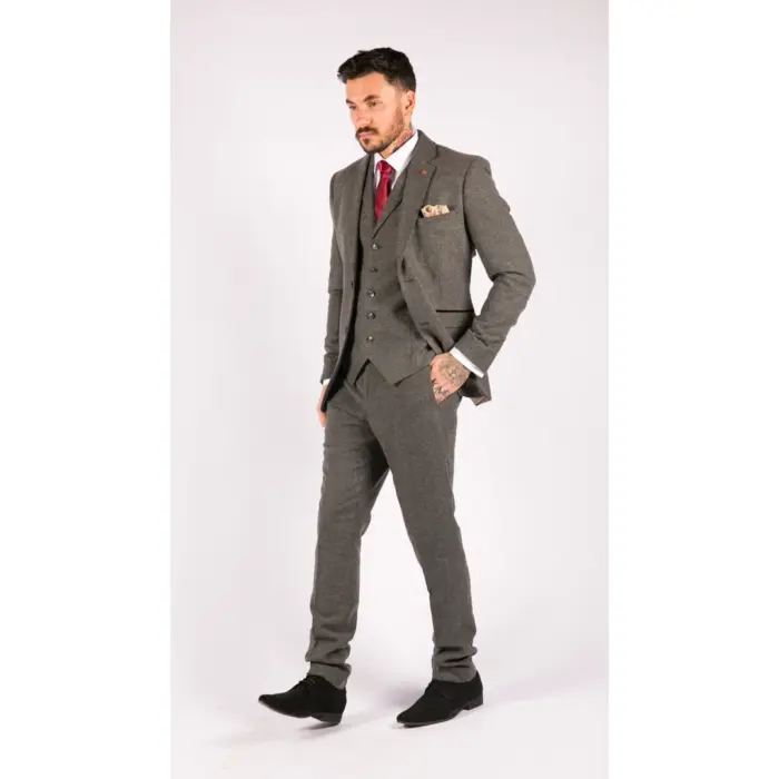 Mens 3 Piece Wool Suit Herringbone Tweed Dark Grey Formal Classic 1920s Wedding - Image 3