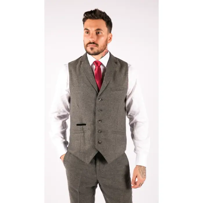 Mens 3 Piece Wool Suit Herringbone Tweed Dark Grey Formal Classic 1920s Wedding - Image 5