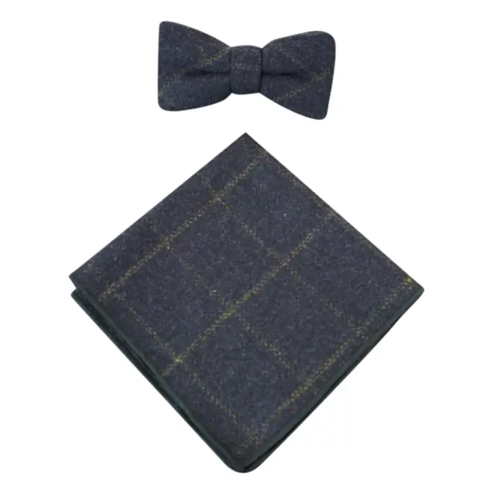Mens Herringbone Tweed Check Bow Tie Hanky Retro Vintage Classic Blinders - Image 1
