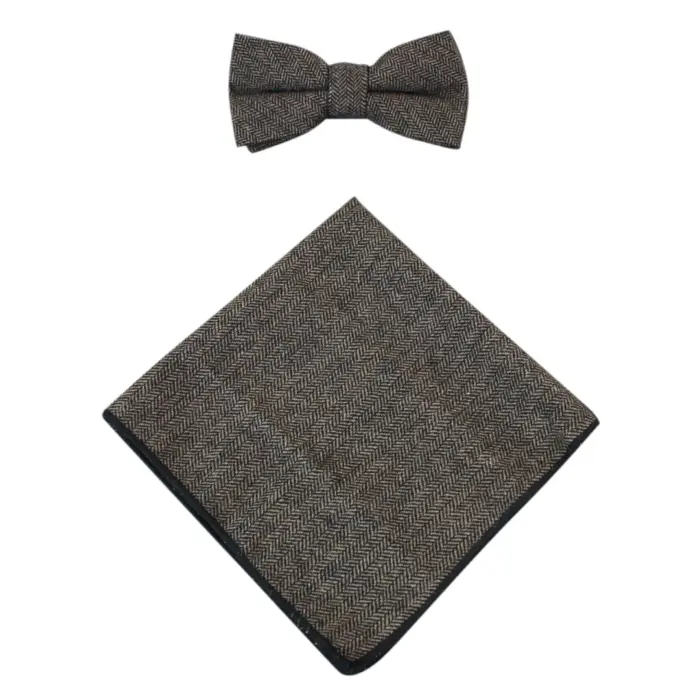 Mens Herringbone Tweed Check Bow Tie Hanky Retro Vintage Classic Blinders - Image 7