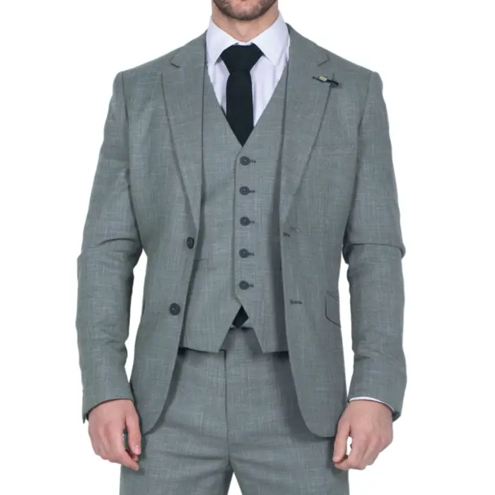 Mens 3 Piece Suit Sage Green Summer Linen Tailored Fit Wedding Prom Classic - Image 1