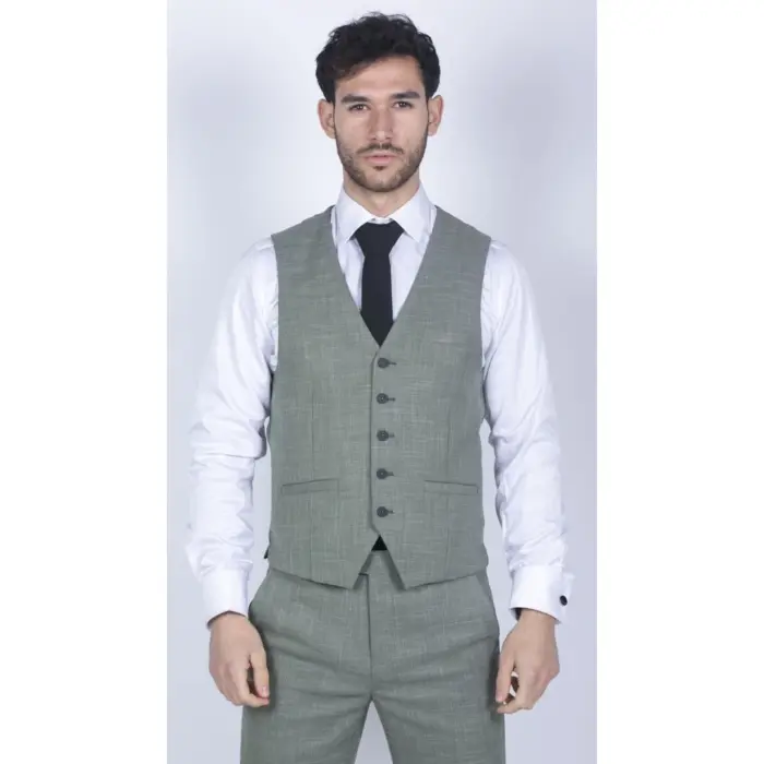 Mens 3 Piece Suit Sage Green Summer Linen Tailored Fit Wedding Prom Classic - Image 3