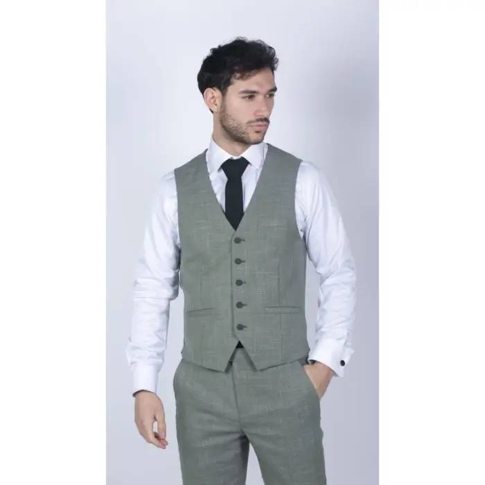 Mens 3 Piece Suit Sage Green Summer Linen Tailored Fit Wedding Prom Classic - Image 4