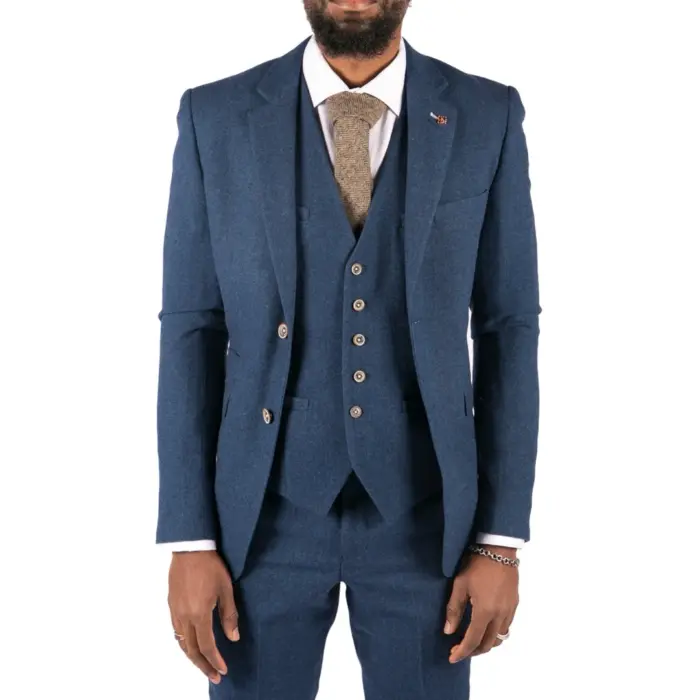 Mens 3 Piece Wool Suit Blue Tweed Vintage 1920s Classic 4 Pocket Waistcoat - Image 1
