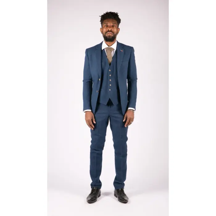 Mens 3 Piece Wool Suit Blue Tweed Vintage 1920s Classic 4 Pocket Waistcoat - Image 2