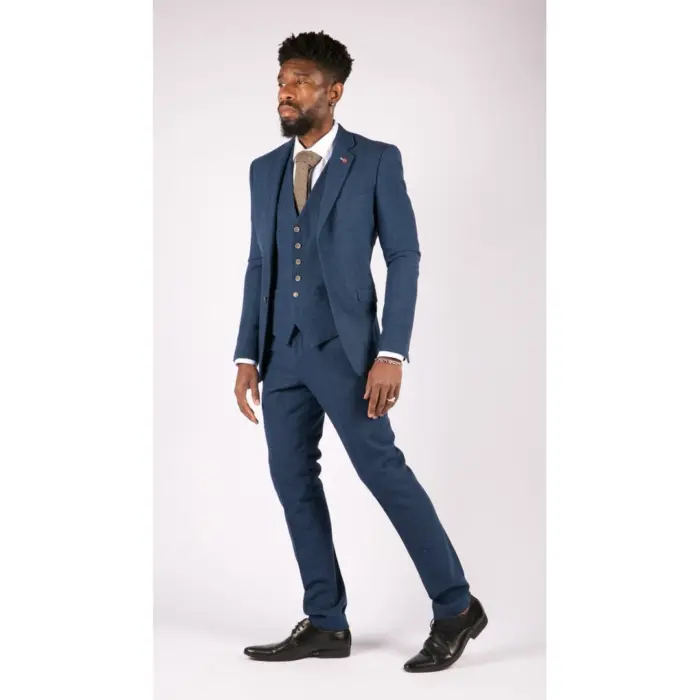 Mens 3 Piece Wool Suit Blue Tweed Vintage 1920s Classic 4 Pocket Waistcoat - Image 3