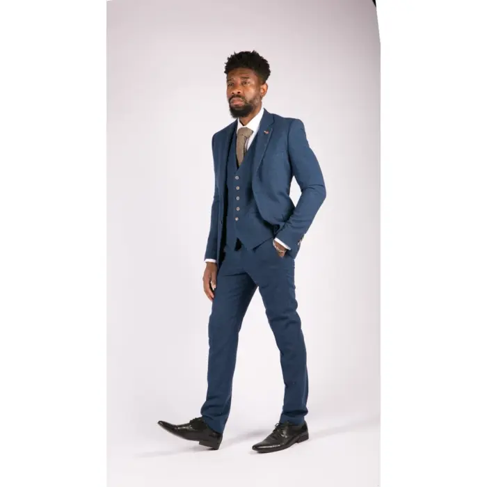 Mens 3 Piece Wool Suit Blue Tweed Vintage 1920s Classic 4 Pocket Waistcoat - Image 4