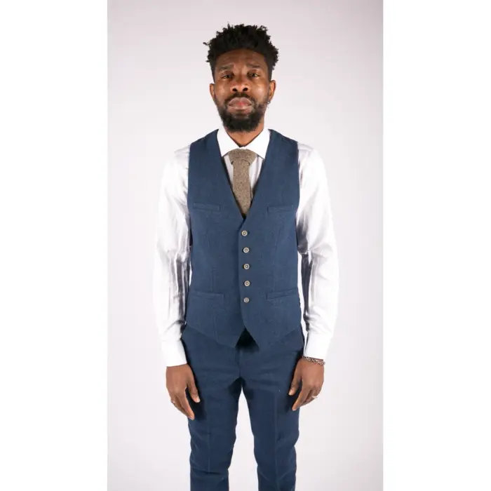 Mens 3 Piece Wool Suit Blue Tweed Vintage 1920s Classic 4 Pocket Waistcoat - Image 5