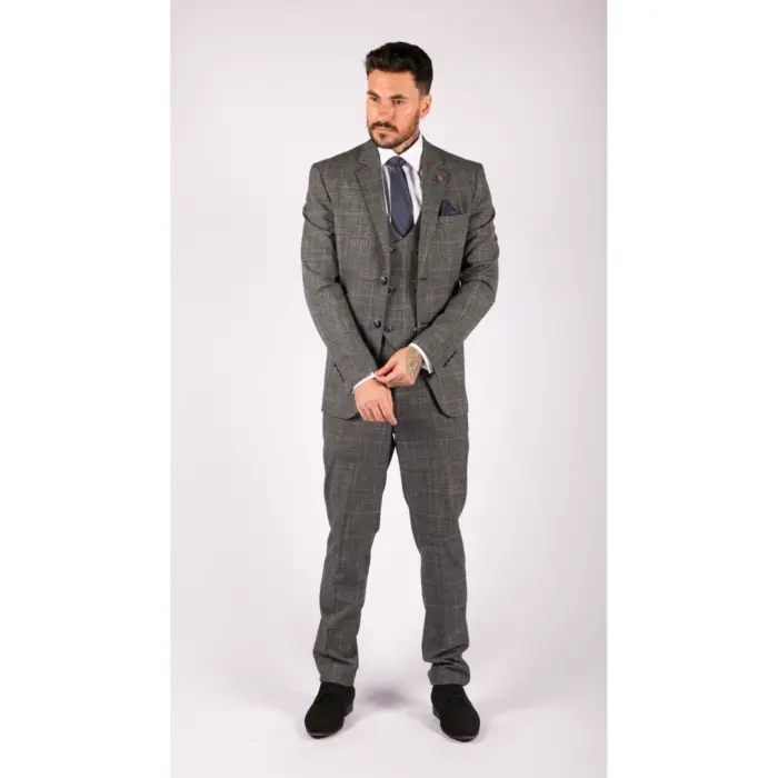 Mens 3 Piece Tailored Fit Suit Check Grey Blue Double Breasted Vintage Wedding - Image 2