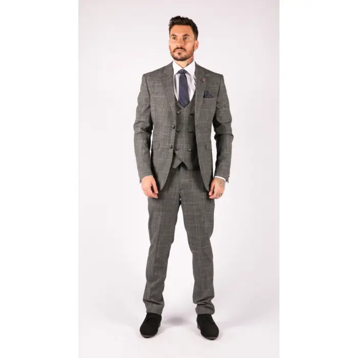 Mens 3 Piece Tailored Fit Suit Check Grey Blue Double Breasted Vintage Wedding - Image 3
