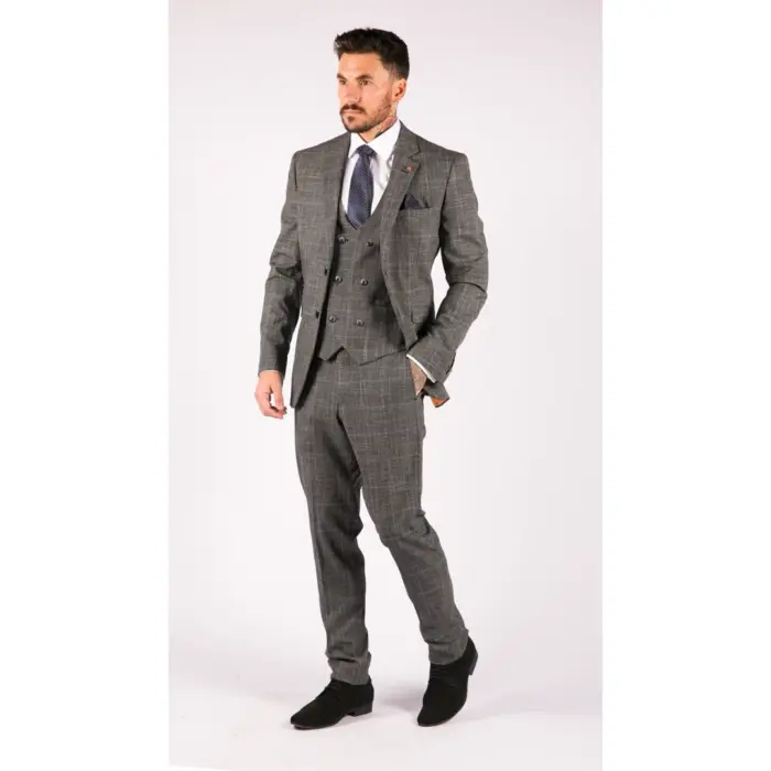 Mens 3 Piece Tailored Fit Suit Check Grey Blue Double Breasted Vintage Wedding - Image 4