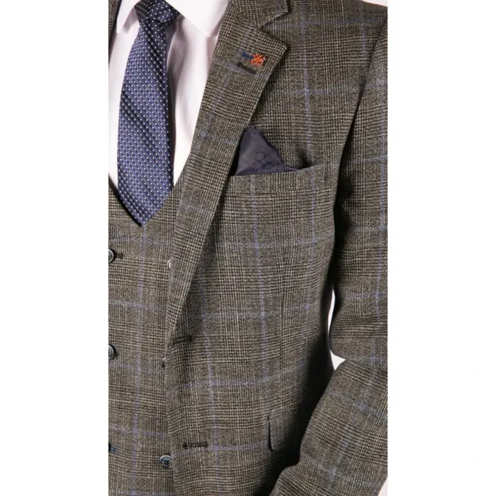 Mens 3 Piece Tailored Fit Suit Check Grey Blue Double Breasted Vintage Wedding - Image 5