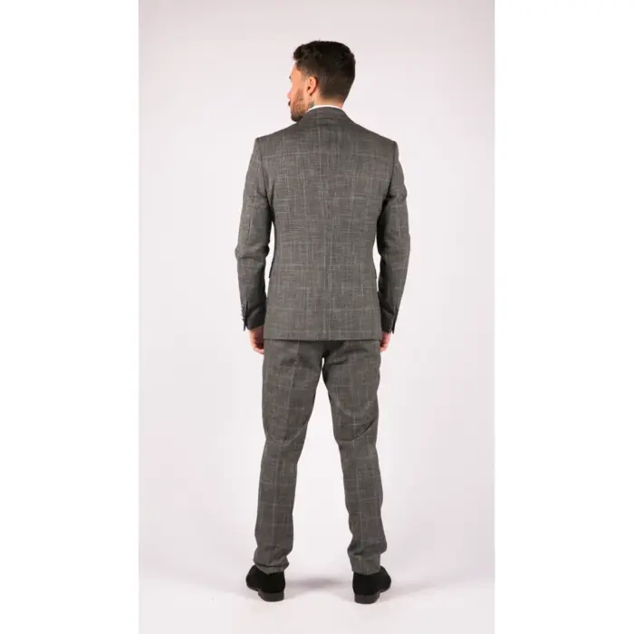 Mens 3 Piece Tailored Fit Suit Check Grey Blue Double Breasted Vintage Wedding - Image 8
