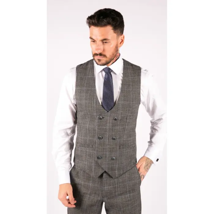 Mens 3 Piece Tailored Fit Suit Check Grey Blue Double Breasted Vintage Wedding - Image 6