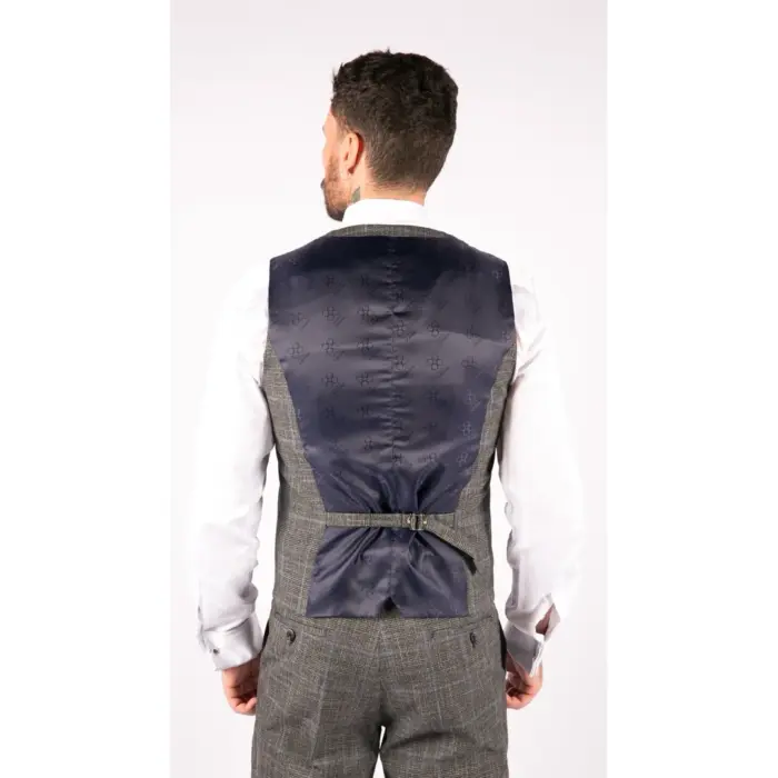 Mens 3 Piece Tailored Fit Suit Check Grey Blue Double Breasted Vintage Wedding - Image 7