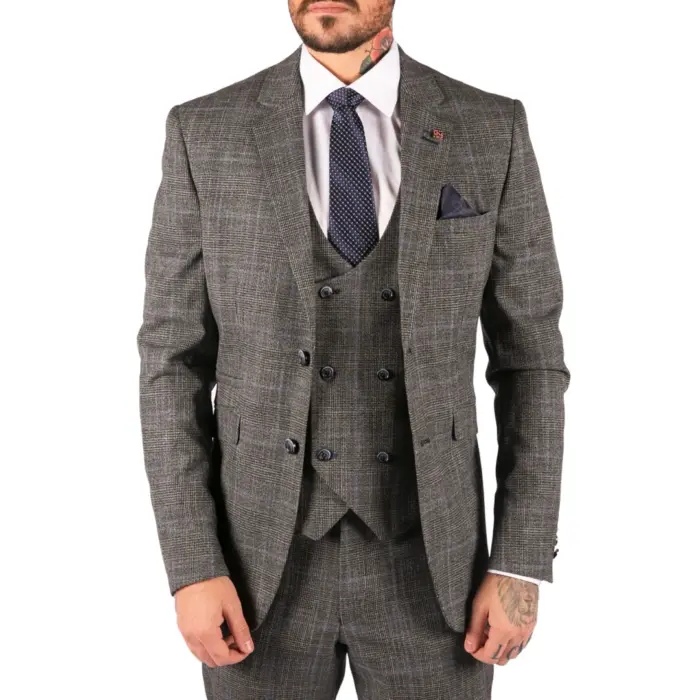 Mens 3 Piece Tailored Fit Suit Check Grey Blue Double Breasted Vintage Wedding - Image 1