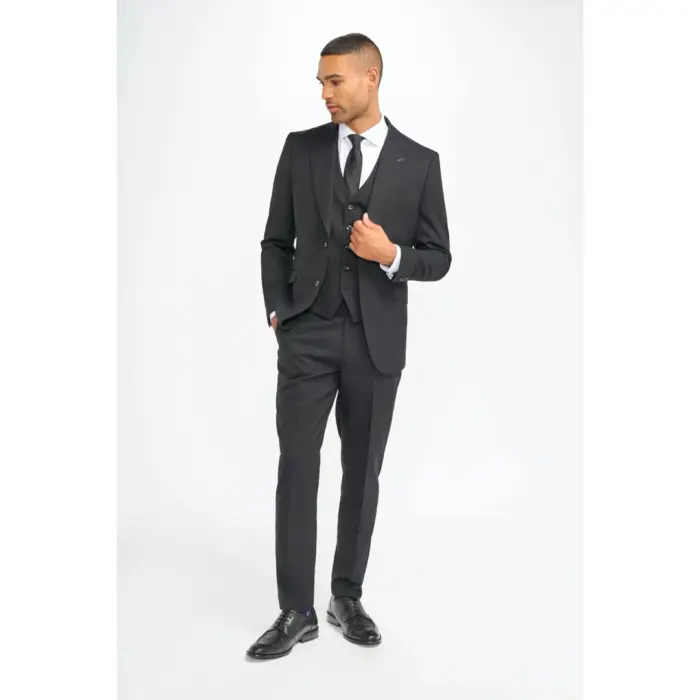 Men's Suit Black 3 Piece Tailored Fit Shadow Stripes Wool Blend Gent Dress - Image 2