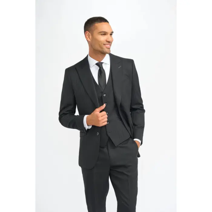 Men's Suit Black 3 Piece Tailored Fit Shadow Stripes Wool Blend Gent Dress - Image 1