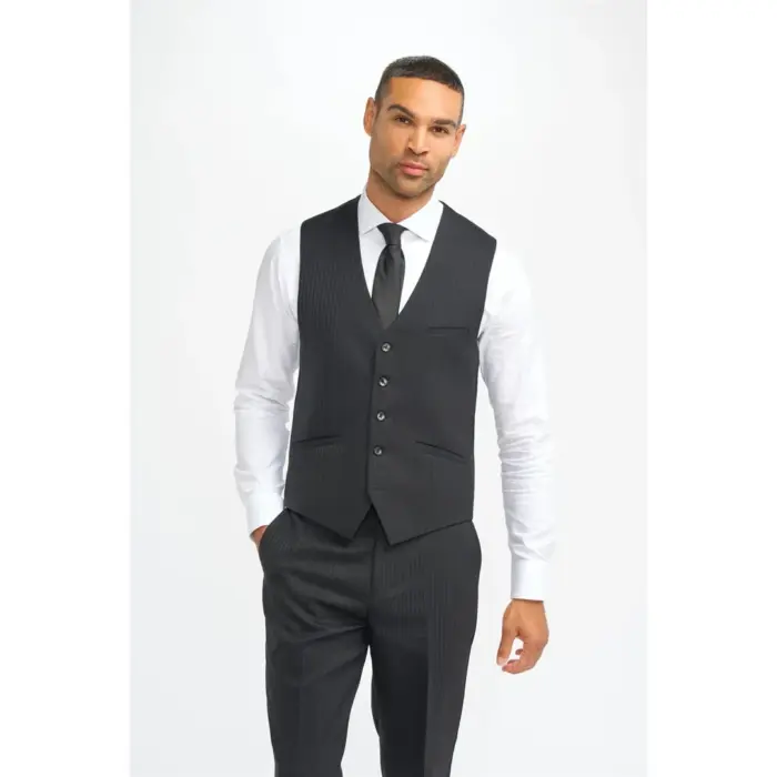 Men's Suit Black 3 Piece Tailored Fit Shadow Stripes Wool Blend Gent Dress - Image 3