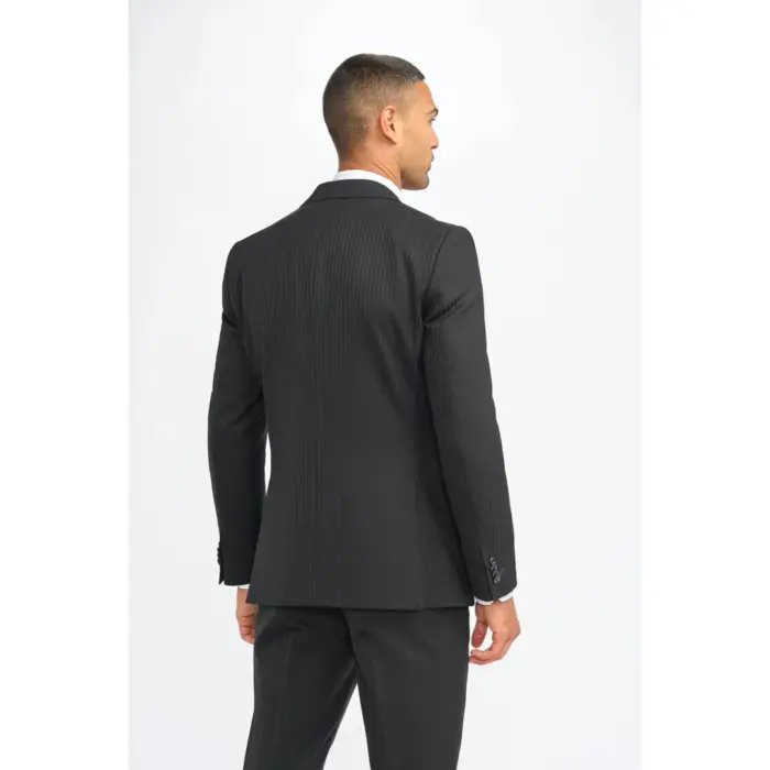 Men's Suit Black 3 Piece Tailored Fit Shadow Stripes Wool Blend Gent Dress - Image 7