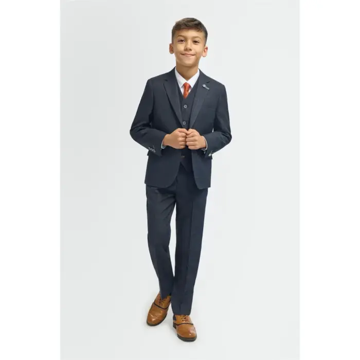Boys Suit 3 Piece Tailored Fit Navy Check Formal Outfit - Image 2