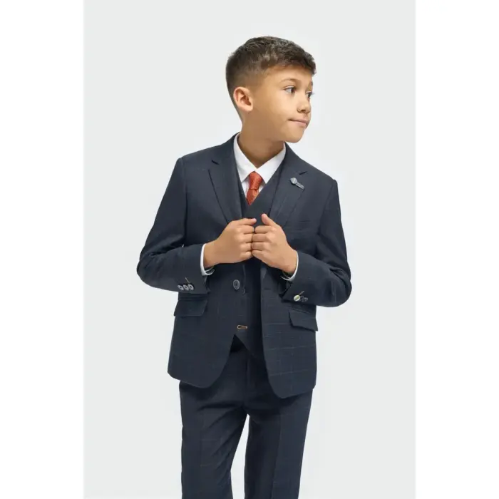 Boys Suit 3 Piece Tailored Fit Navy Check Formal Outfit - Image 1