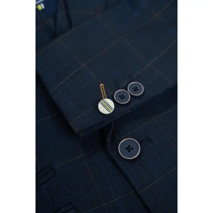 Boys Suit 3 Piece Tailored Fit Navy Check Formal Outfit - Image 4