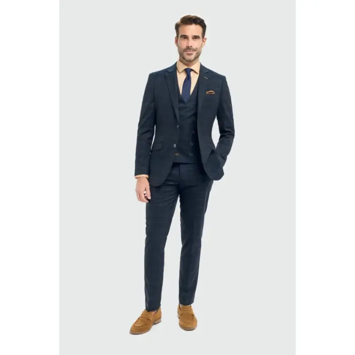 Men's Suit 3 Piece Tailored Fit Navy Check Formal Dress - Image 2