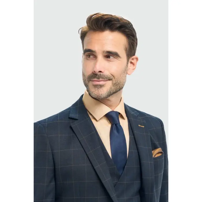 Men's Suit 3 Piece Tailored Fit Navy Check Formal Dress - Image 3