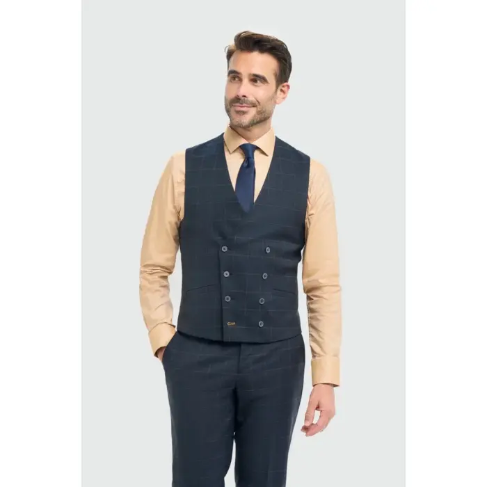 Men's Suit 3 Piece Tailored Fit Navy Check Formal Dress - Image 6