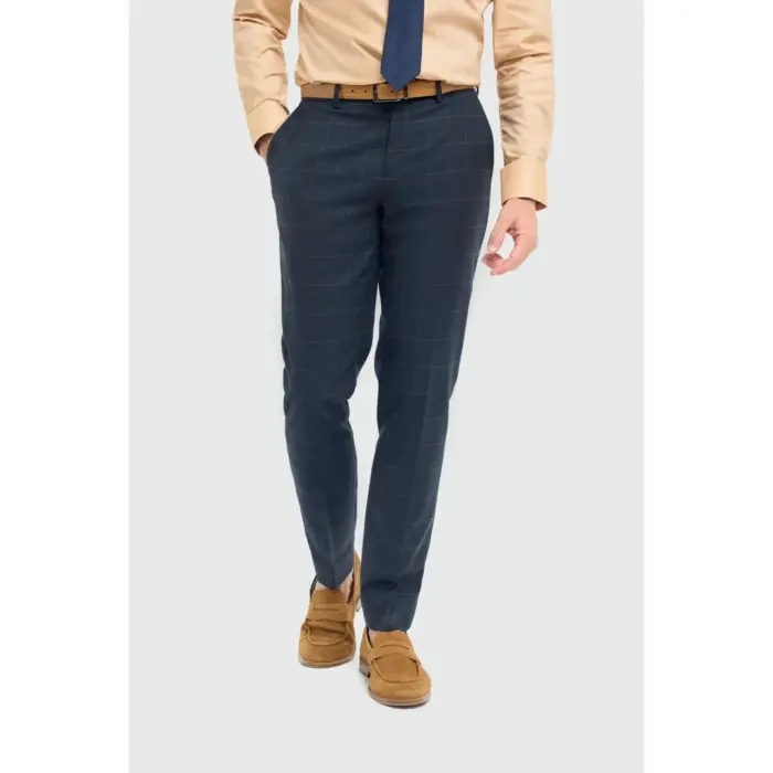 Men's Suit 3 Piece Tailored Fit Navy Check Formal Dress - Image 8