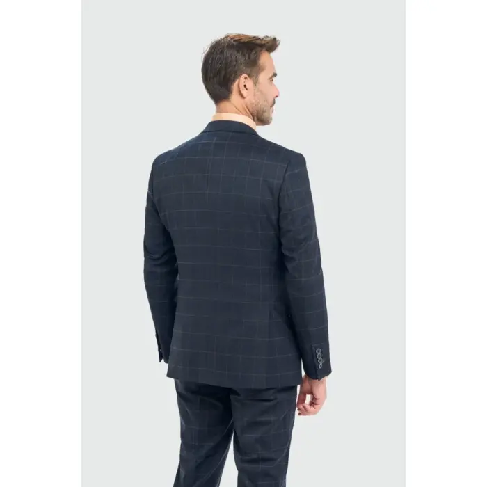 Men's Suit 3 Piece Tailored Fit Navy Check Formal Dress - Image 10