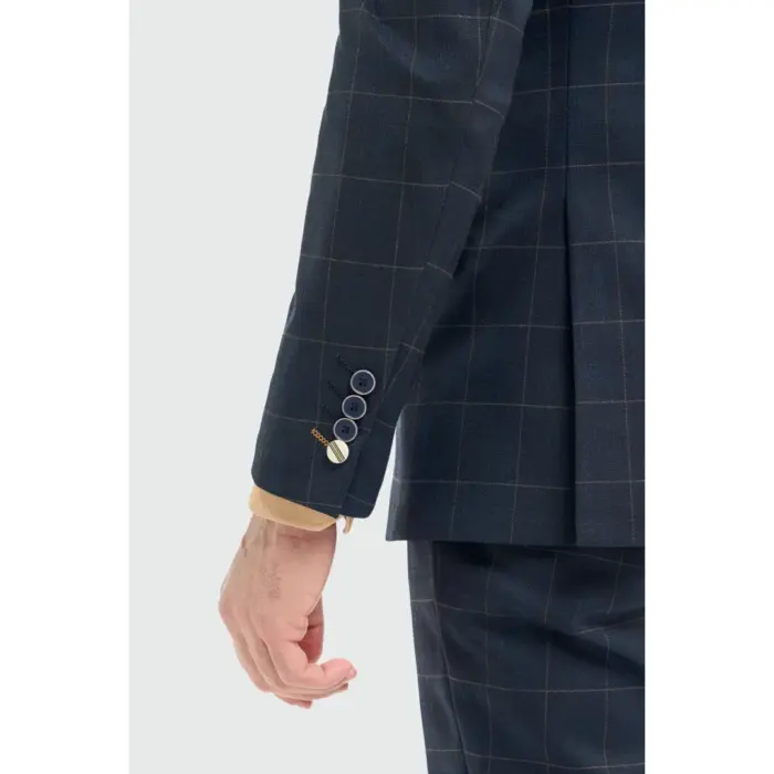 Men's Suit 3 Piece Tailored Fit Navy Check Formal Dress - Image 5