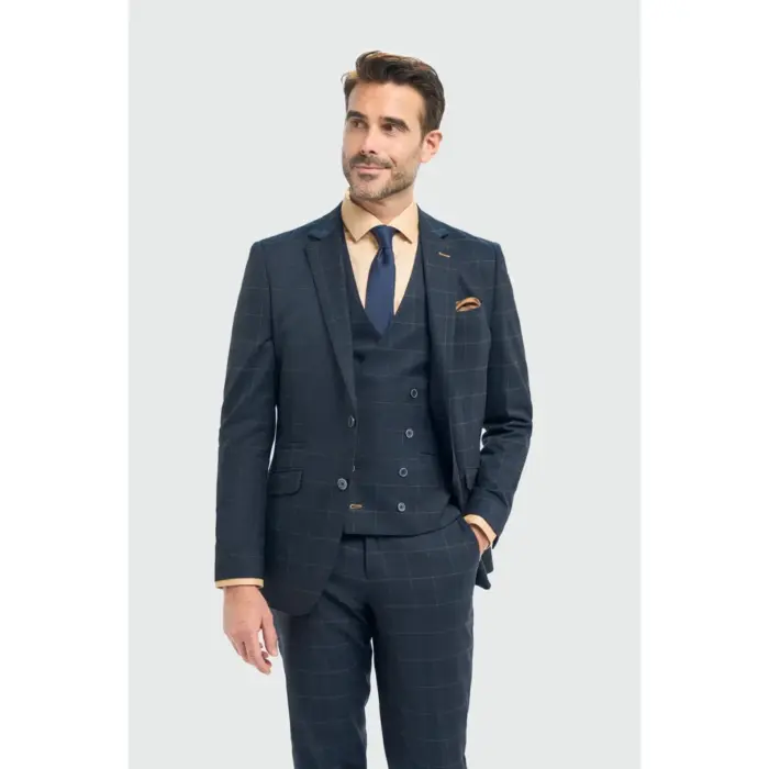 Men's Blazer Navy Check Sport Coat Plaid Tailored Fit Suit Jacket - Image 1