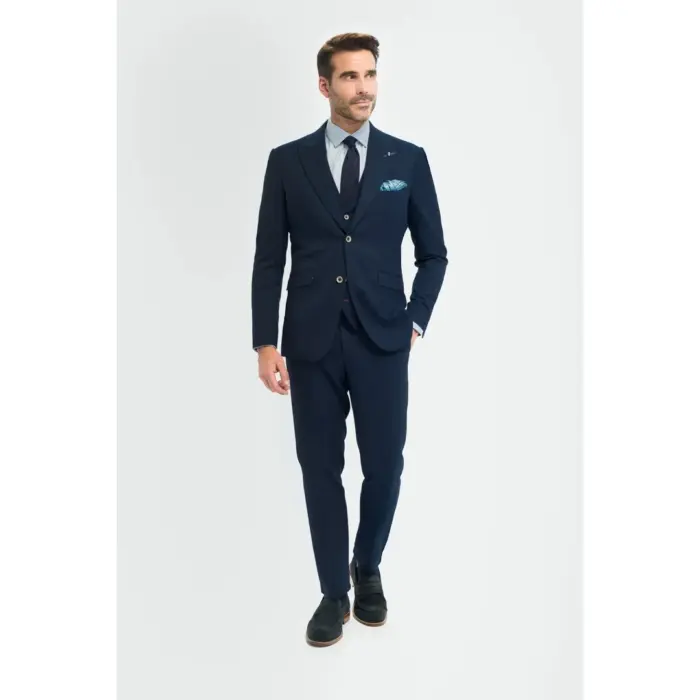 Men's Suit 3 Piece Navy Tailored Fit Wedding Prom Classic - Image 2