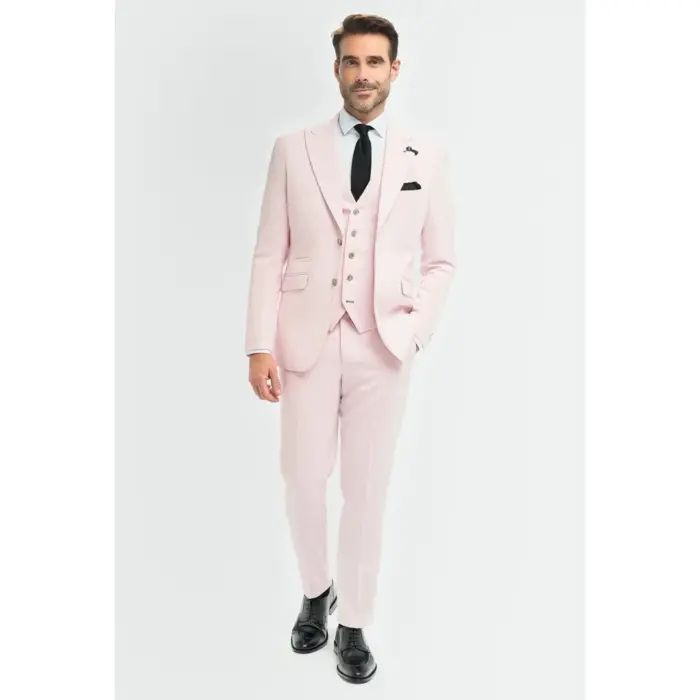 Men's Suit 3 Piece Pink Tailored Fit Wedding Prom Classic - Image 2