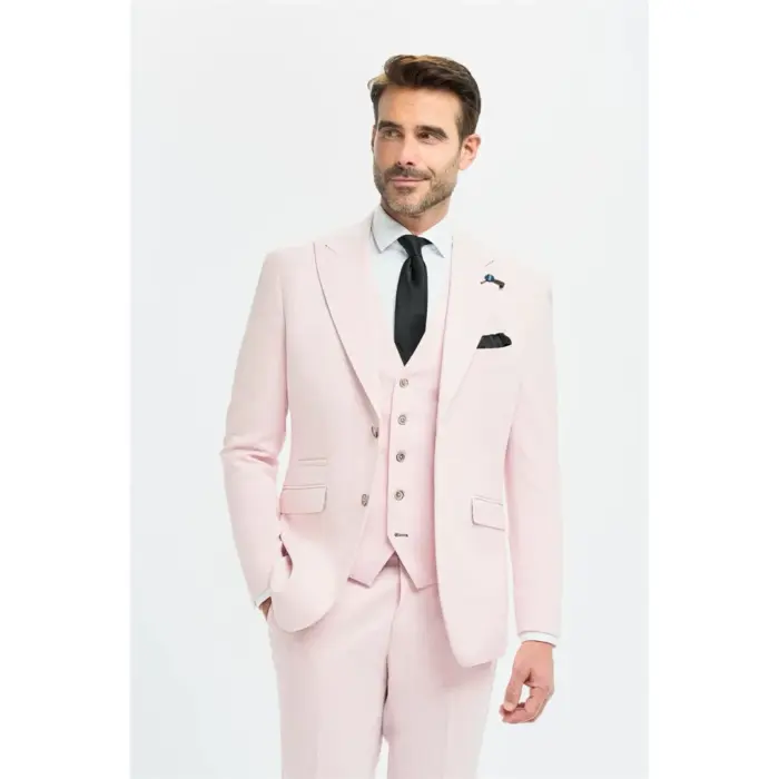 Men's Suit 3 Piece Pink Tailored Fit Wedding Prom Classic - Image 1