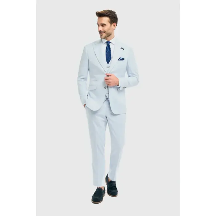 Men's Suit 3 Piece Sky Blue Tailored Fit Wedding Prom Classic - Image 2