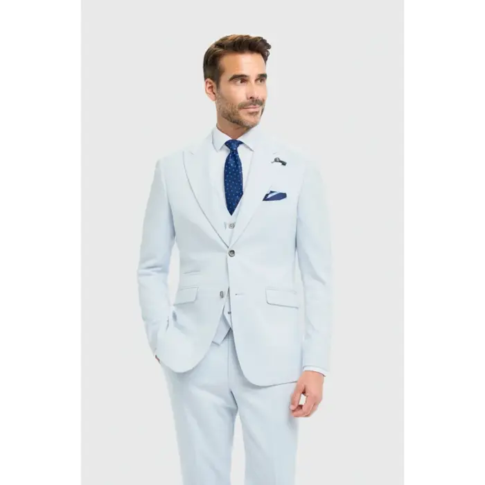 Men's Suit 3 Piece Sky Blue Tailored Fit Wedding Prom Classic - Image 1