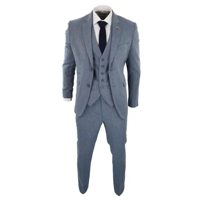 Mens 3 Piece Wool Suit Light Blue Tweed Vintage 1920s Classic 4 Pocket Waistcoat - Image 2