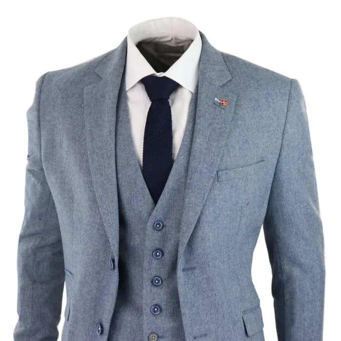 Mens 3 Piece Wool Suit Light Blue Tweed Vintage 1920s Classic 4 Pocket Waistcoat - Image 3