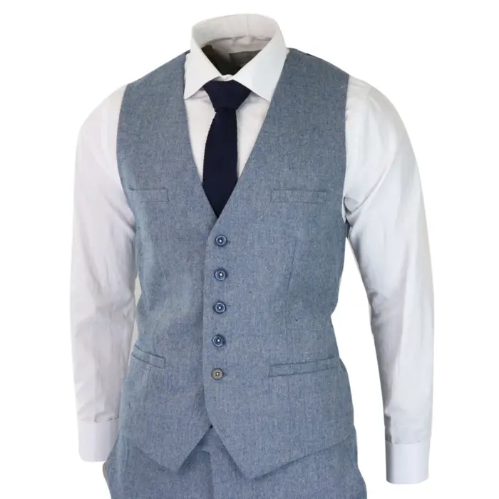 Mens 3 Piece Wool Suit Light Blue Tweed Vintage 1920s Classic 4 Pocket Waistcoat - Image 5