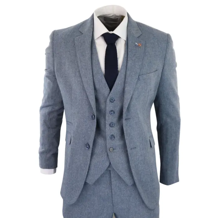 Mens 3 Piece Wool Suit Light Blue Tweed Vintage 1920s Classic 4 Pocket Waistcoat - Image 1